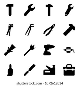 Solid vector icon set - work vector, wrench, hammer, plumber, pliers, screw, dowel, wood drill, jack, brush, rasp, stapler, tool box