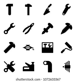 Solid vector icon set - work vector, hammer, trowel, wrench, pliers, nail dowel, screw, jack, tool box, paint roller, screwdriver, stapler, allen key, set