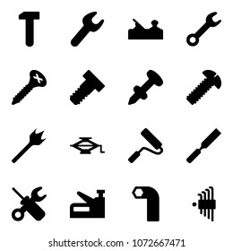 Solid vector icon set - work vector, wrench, jointer, screw, bolt, nail dowel, wood drill, jack, paint roller, rasp, screwdriver, stapler, allen key, set