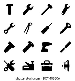 Solid vector icon set - work vector, wrench, sledgehammer, plumber, screwdriver, screw, bolt, drill, rasp, stapler, tool box, allen key set