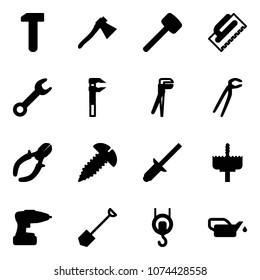 Solid vector icon set - work vector, axe, rubber hammer, trowel, wrench, plumber, side cutters, screw, clinch, crown drill, shovel, winch, oiler