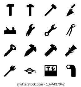 Solid vector icon set - work vector, hammer, sledgehammer, trowel, jointer, wrench, plumber, screw, dowel, wood drill, jack, tool box, allen key