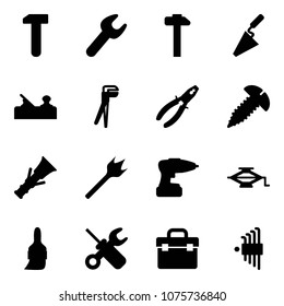 Solid vector icon set - work vector, wrench, hammer, trowel, jointer, plumber, pliers, screw, dowel, wood drill, jack, brush, screwdriver, tool box, allen key set