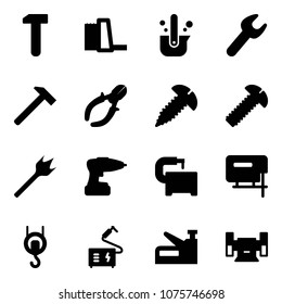 Solid vector icon set - work vector, water power plant, casting of steel, wrench, hammer, side cutters, screw, wood drill, machine tool, jig saw, winch, welding, stapler, sharpening