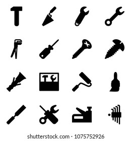 Solid vector icon set - work vector, trowel, wrench, plumber, screwdriver, screw, dowel, tool box, paint roller, brush, rasp, stapler, allen key set