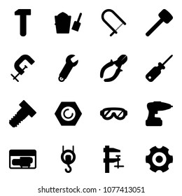 Solid vector icon set - work vector, bucket scoop, fretsaw, rubber hammer, clamp, wrench, side cutters, screwdriver, bolt, nut, protective glasses, drill, generator, winch, gear