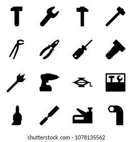 Solid vector icon set - work vector, wrench, hammer, sledgehammer, plumber, pliers, screwdriver, bolt, wood drill, jack, tool box, brush, rasp, stapler, allen key