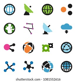 solid vector icon set - world vector, any currency, satellite antenna, internet, social media, connection, network, share, cloud download, globe