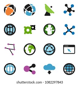 solid vector icon set - world vector, any currency, earth, satellite antenna, internet, social media, connection, network, browser, share, cloud download, globe