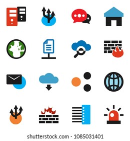 solid vector icon set - world vector, cloud glass, server, firewall, hub, share, home, message, download, mail, globe, route arrow, network document, siren