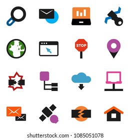 solid vector icon set - world vector, laptop graph, satellite, notebook network, disconnection, browser, cloud download, mail, hierarchy, stop, pin, magnifier, home