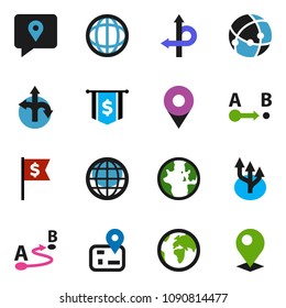 solid vector icon set - world vector, dollar flag, route, navigator, earth, traking, connection, globe, arrow, pin
