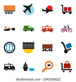 solid vector icon set - world vector, bike, Railway carriage, plane, truck trailer, sea container, car, port, cargo, search, amkbulance, trolley