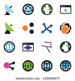 solid vector icon set - world vector, earth, satellite antenna, internet, social media, connection, network, browser, share, globe