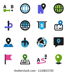 solid vector icon set - world vector, flag, dollar, route, navigator, map pin, tracking, internet, connection, globe
