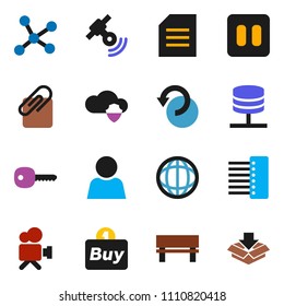 solid vector icon set - world vector, document, satellite, video camera, pause button, network, server, cloud shield, hub, bench, undo, attachment, user, key, buy, package