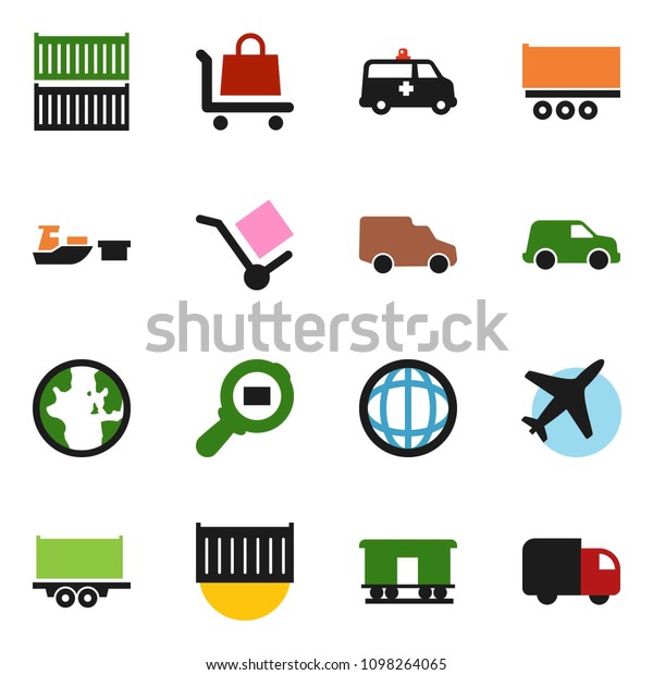 solid vector icon set - world vector,\
plane, truck trailer, sea container, car, port, cargo, search,\
Railway carriage, ambulance, trolley,\
delivery