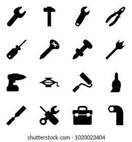 Solid vector icon set - wrench vector, hammer, pliers, screwdriver, screw, nail dowel, wood drill, jack, paint roller, brush, rasp, tool box, allen key