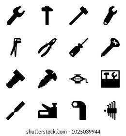 Solid vector icon set - wrench vector, hammer, sledgehammer, plumber, pliers, screwdriver, screw, bolt, jack, tool box, rasp, stapler, allen key, set