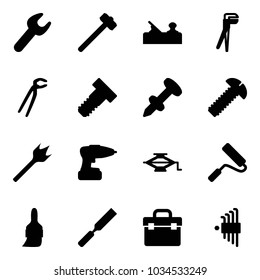 Solid vector icon set - wrench vector, sledgehammer, jointer, plumber, bolt, nail dowel, screw, wood drill, jack, paint roller, brush, rasp, tool box, allen key set