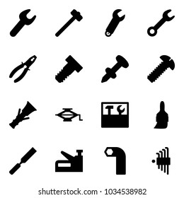 Solid vector icon set - wrench vector, sledgehammer, pliers, bolt, nail dowel, screw, jack, tool box, brush, rasp, stapler, allen key, set