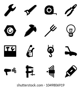 Solid vector icon set - wrench vector, saw, measuring tape, pliers, nut, screw, farm fork, bulb, tool box, winch, lawn mower, dryer, clamp, allen key set, marker