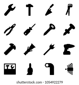 Solid vector icon set - wrench vector, hammer, trowel, plumber, pliers, screwdriver, screw, nail dowel, wood drill, tool box, brush, allen key, set