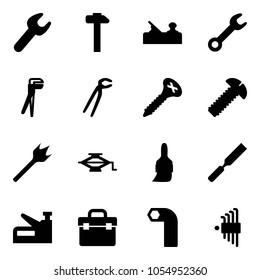 Solid vector icon set - wrench vector, hammer, jointer, plumber, screw, wood drill, jack, brush, rasp, stapler, tool box, allen key, set