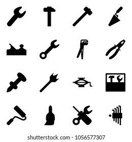 Solid vector icon set - wrench vector, hammer, sledgehammer, trowel, jointer, plumber, pliers, nail dowel, wood drill, jack, tool box, paint roller, brush, screwdriver, allen key set