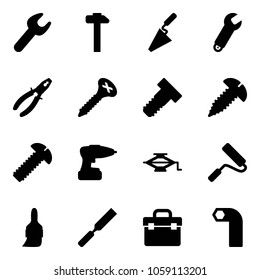 Solid vector icon set - wrench vector, hammer, trowel, pliers, screw, bolt, drill, jack, paint roller, brush, rasp, tool box, allen key