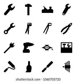 Solid vector icon set - wrench vector, hammer, jointer, plumber, pliers, wood drill, jack, tool box, paint roller, brush, rasp, allen key set