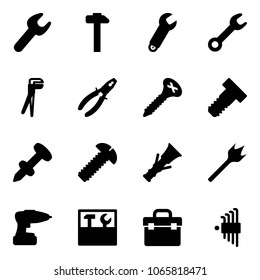 Solid vector icon set - wrench vector, hammer, plumber, pliers, screw, bolt, nail dowel, wood drill, tool box, allen key set