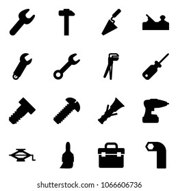 Solid vector icon set - wrench vector, hammer, trowel, jointer, plumber, screwdriver, bolt, screw, dowel, drill, jack, brush, tool box, allen key