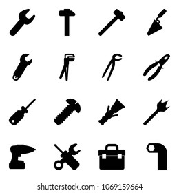 Solid vector icon set - wrench vector, hammer, sledgehammer, trowel, plumber, pliers, screwdriver, screw, dowel, wood drill, tool box, allen key