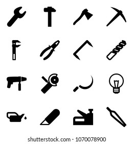 Solid vector icon set - wrench vector, hammer, axe, pliers, staple, drill, machine, Angular grinder, sickle, bulb, oiler, work knife, stapler, forceps