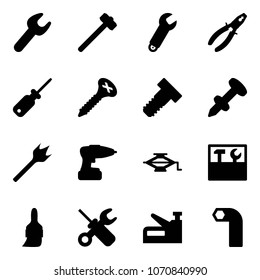 Solid vector icon set - wrench vector, sledgehammer, pliers, screwdriver, screw, bolt, nail dowel, wood drill, jack, tool box, brush, stapler, allen key