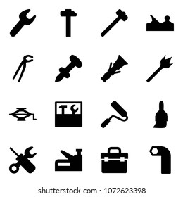 Solid vector icon set - wrench vector, hammer, sledgehammer, jointer, plumber, nail dowel, wood drill, jack, tool box, paint roller, brush, screwdriver, stapler, allen key