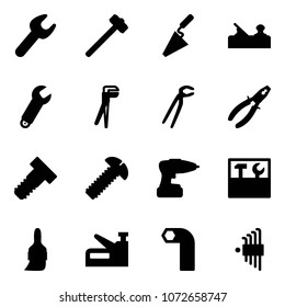 Solid vector icon set - wrench vector, sledgehammer, trowel, jointer, plumber, pliers, bolt, screw, drill, tool box, brush, stapler, allen key, set