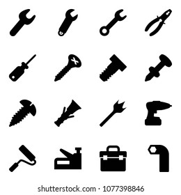 Solid vector icon set - wrench vector, pliers, screwdriver, screw, bolt, nail dowel, wood drill, paint roller, stapler, tool box, allen key