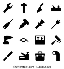 Solid vector icon set - wrench vector, hammer, trowel, jointer, screwdriver, screw, dowel, wood drill, jack, tool box, paint roller, rasp, stapler, allen key