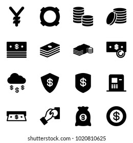 Solid vector icon set - yen vector, currency, coin, dollar, cash, money rain, safe, atm, pay, bag