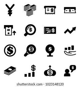 Solid vector icon set - yen vector, big cash, receipt, atm, money search, check, growth arrow, dollar, tree, chart, dialog