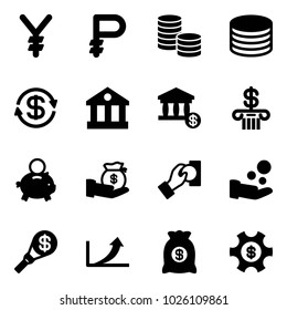 Solid vector icon set - yen vector, ruble, coin, dollar exchange, bank, account, piggy, investment, cash pay, money torch, growth arrow, bag, managemet