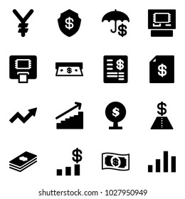 Solid vector icon set - yen vector, safe, insurance, atm, cash, account statement, growth arrow, money tree, dollar, chart