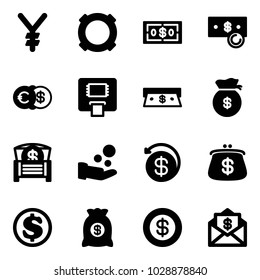 Solid vector icon set - yen vector, currency, dollar, cash, euro, atm, money bag, chest, pay, back, purse, mail