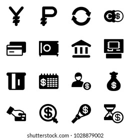 Solid vector icon set - yen vector, ruble, exchange, euro dollar, credit card, safe, bank, atm, finance calendar, account, money bag, pay, click, torch, history