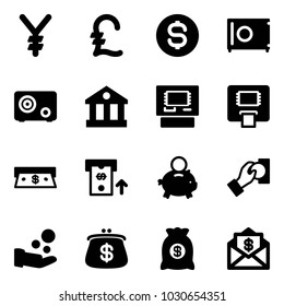 Solid vector icon set - yen vector, pound, dollar coin, safe, bank, atm, cash, piggy, pay, purse, money bag, mail