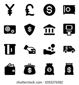 Solid vector icon set - yen vector, pound, dollar coin, safe, bank, atm, card pay, cash, encashment car, wallet, purse, money bag