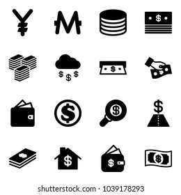 Solid vector icon set - yen vector, monero, coin, dollar, big cash, money rain, pay, wallet, search, home, finance management