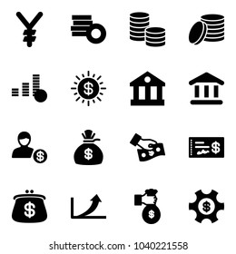 Solid vector icon set - yen vector, coin, dollar sun, bank, account, money bag, cash pay, check, purse, growth arrow, rich, managemet